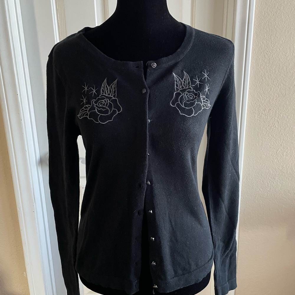 Sourpuss Black Cardigan with Floral Embroidery